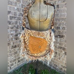 Boho Fringe Crossbody Bag with Leather Native Motif - Brown